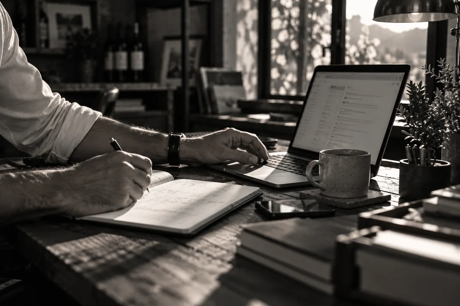 Hands at a desk by a window, one writing in a notebook and one on a laptop showing an inbox, with a cup of coffee