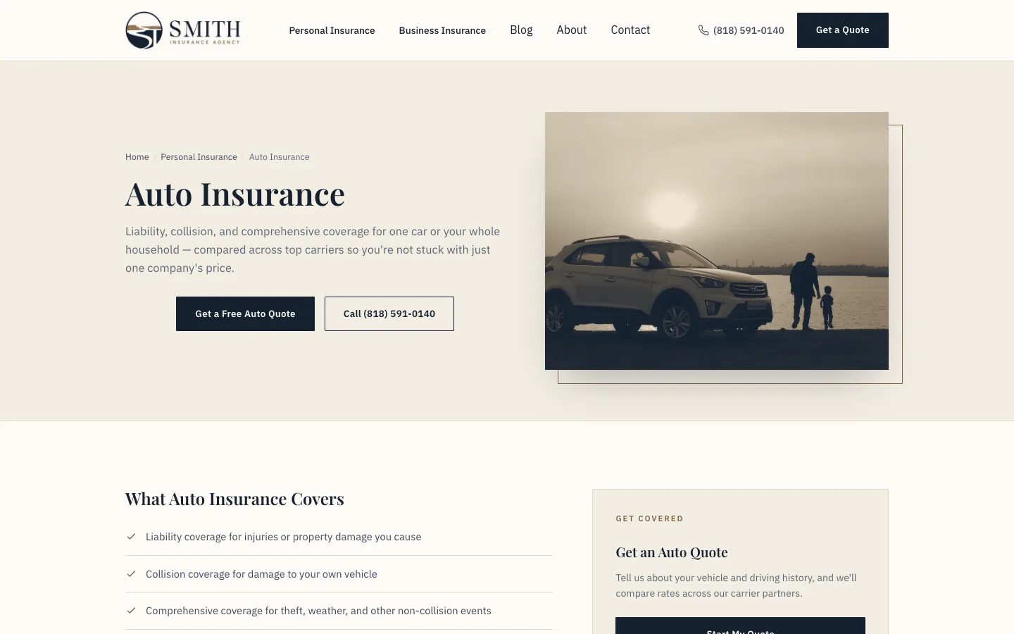 Smith Insurance auto insurance page on desktop