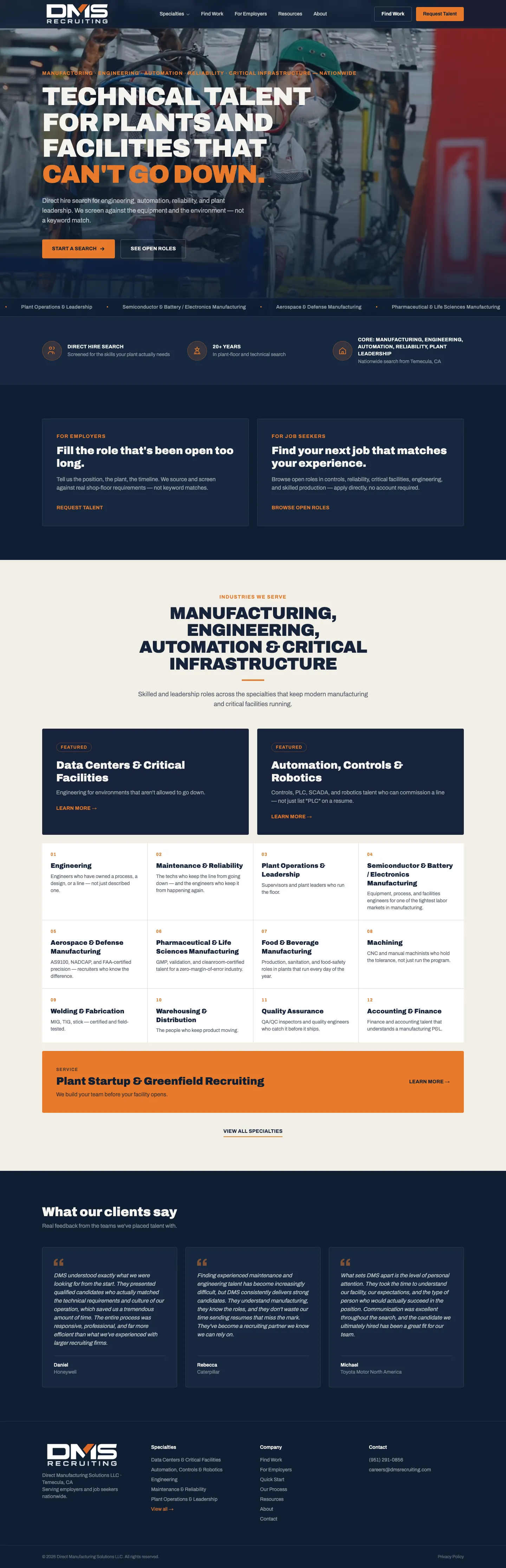 Full DMS Recruiting homepage on desktop