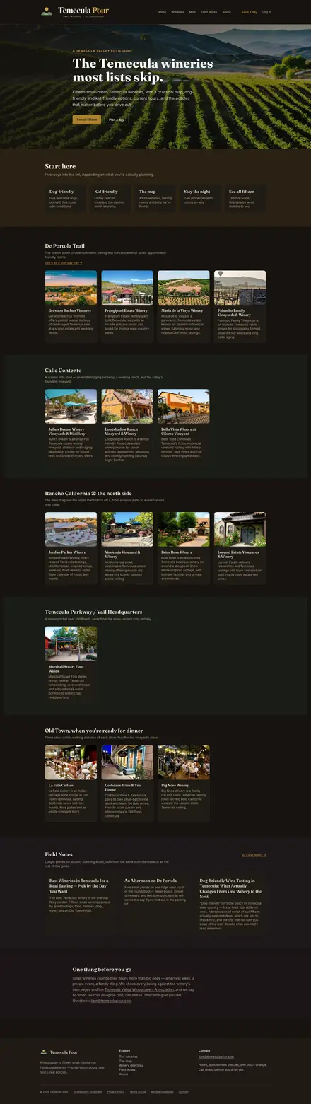 Temecula Pour website, full desktop page
