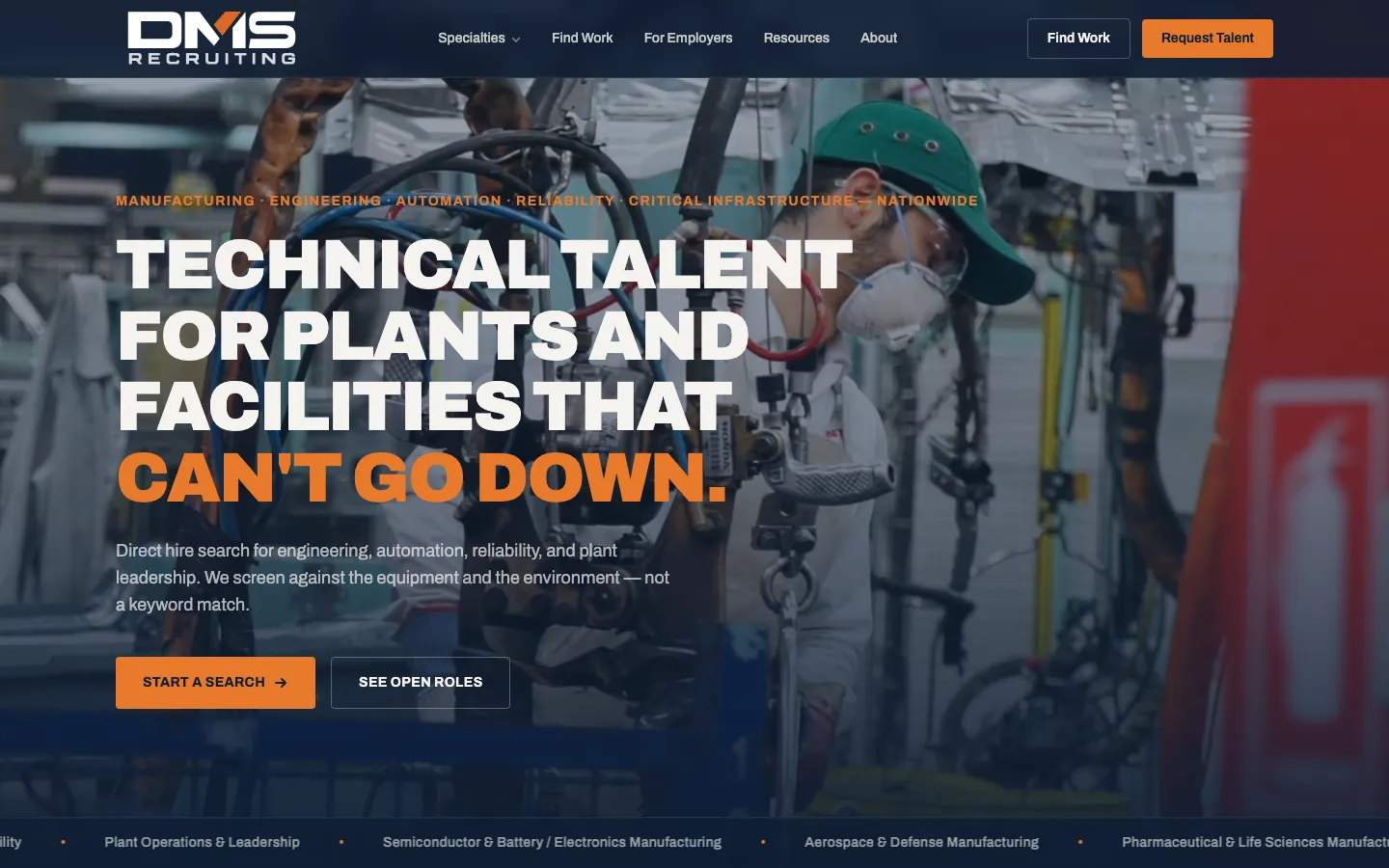 DMS Recruiting homepage on desktop