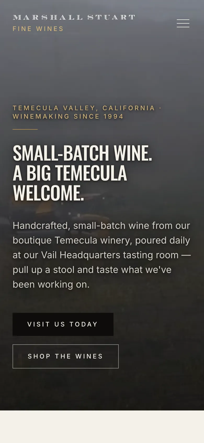 Marshall Stuart Fine Wines homepage on a phone