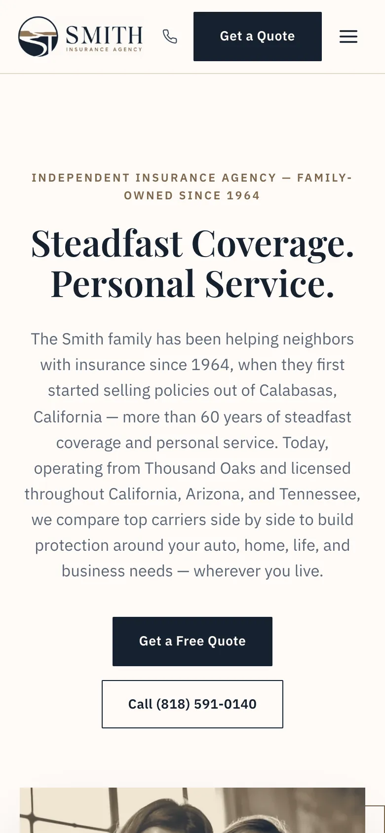 Smith Insurance Agency homepage on a phone