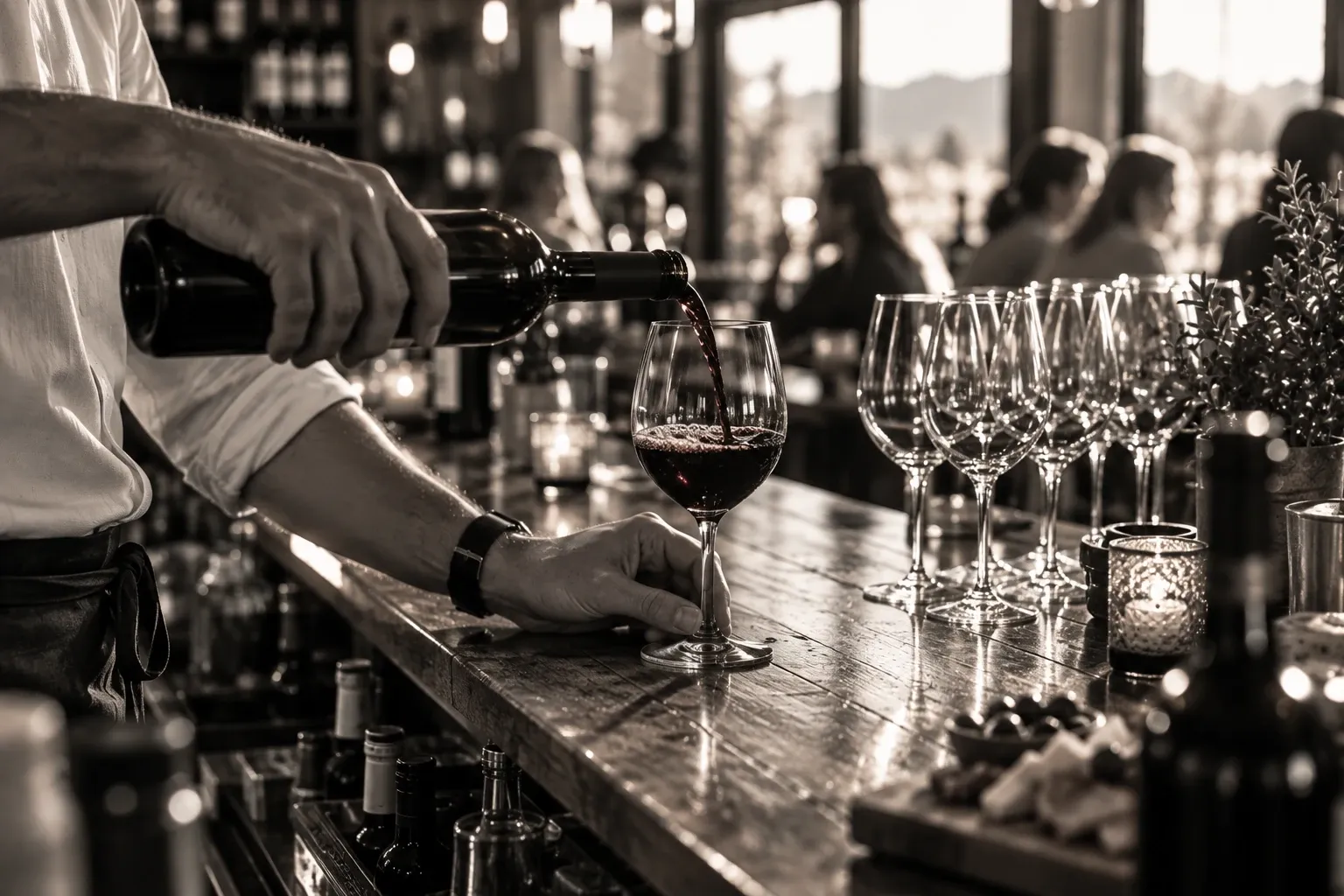 A hand pouring red wine into a glass at a busy bar, with clean glasses lined up beside it