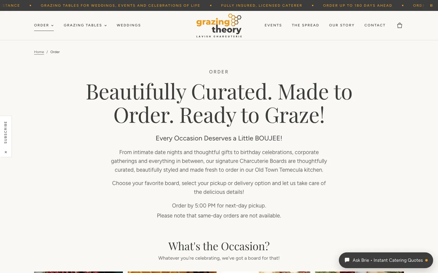 The Grazing Theory online menu on desktop, with the heading Beautifully Curated. Made to Order. Ready to Graze!