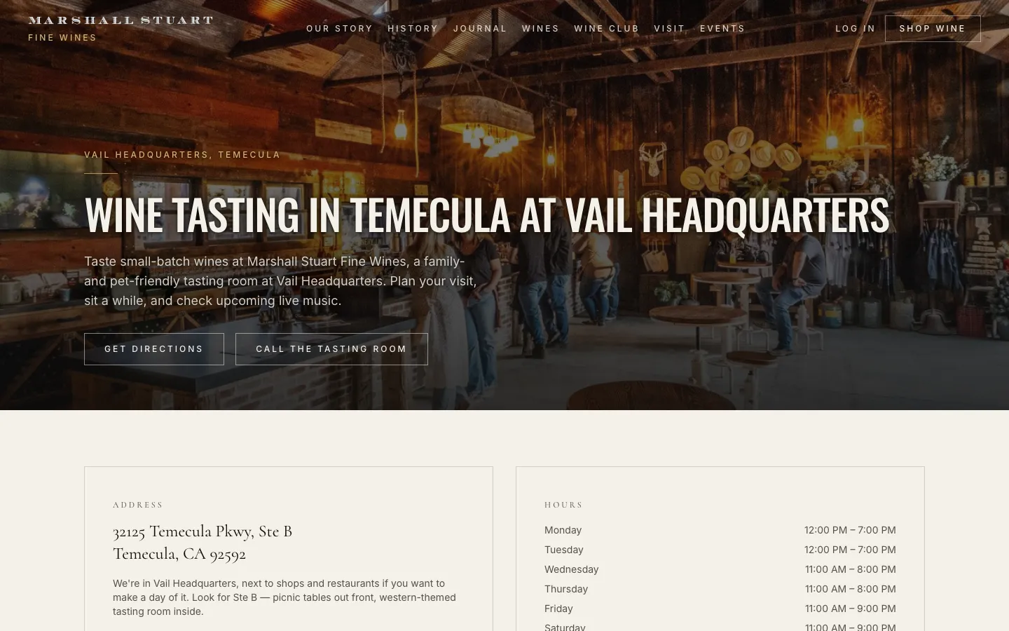 Marshall Stuart visit page on desktop with tasting room photo, address, and hours