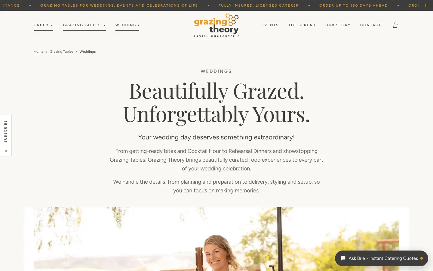 The Grazing Theory weddings page on desktop, with the heading Beautifully Grazed. Unforgettably Yours.