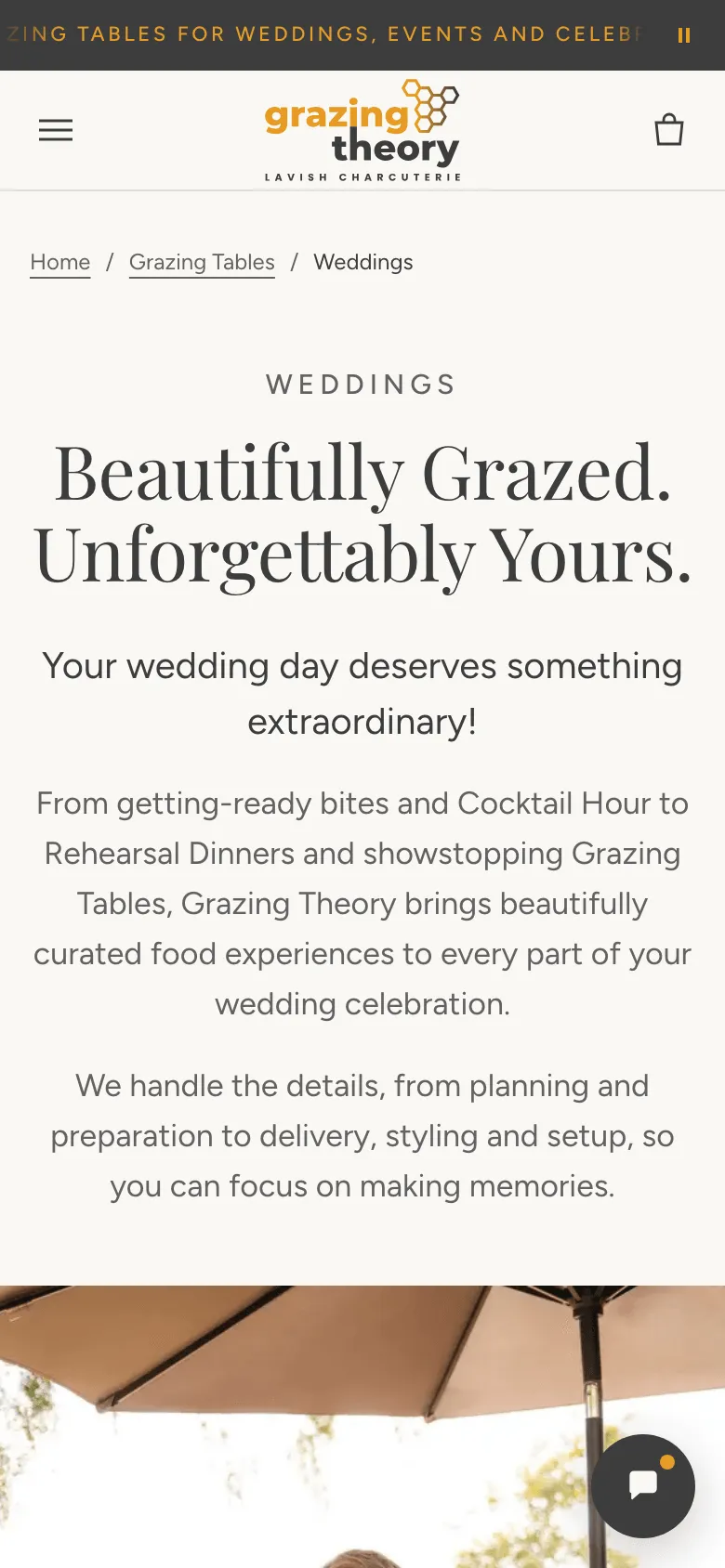 The Grazing Theory weddings page on a phone