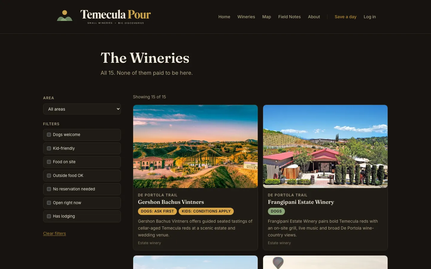 Temecula Pour wineries directory on desktop with filters and winery cards