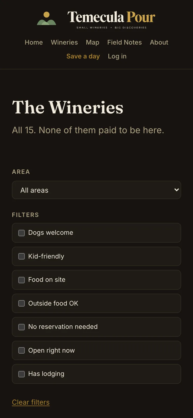 Temecula Pour wineries directory on a phone