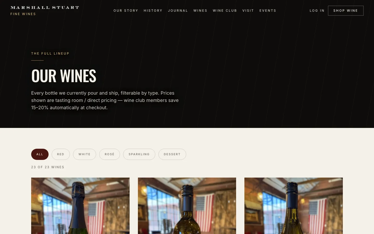 The Wines page of the Marshall Stuart Fine Wines site on desktop, with filter buttons by wine type and real bottle photos