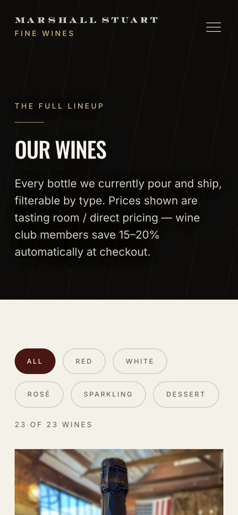 The Wines page of the Marshall Stuart Fine Wines site on a phone